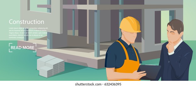 Banner construction. Construction and building design. Builder speaks with client. Vector Illustration EPS10