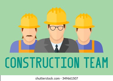 Banner of construction team. Group of construction workers. Flat style vector illustration.
