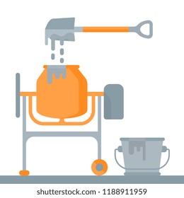 Banner of construction work. Vector illustration of cement mixer.