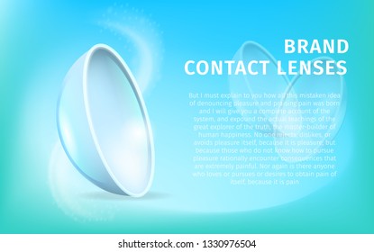 Banner with Contact Lenses on Light Blue Gradient Background Close Up View. Optic Eye Care Accessory. Healthcare Ophthalmology Equipment for Medical and Every Day Use. Realistic Vector Illustration.