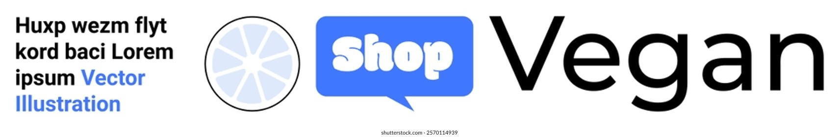 A banner containing the word Shop in a blue speech bubble, a circular graphic, and the word Vegan in bold. Ideal for vegan products, online stores, eco-friendly markets, health and wellness