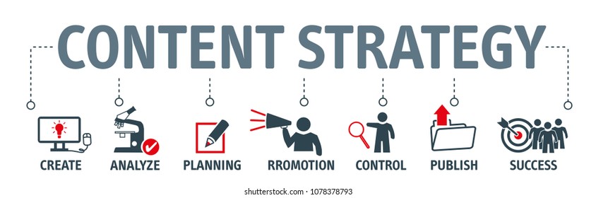 Banner content strategy vector illustration concept with keywords and icons