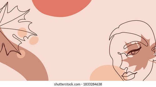 Banner with a continuous black line of a woman's face with autumn leaves.