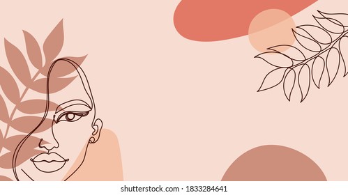 Cartel con una continua línea negra de la cara de una mujer con hojas de otoño.
