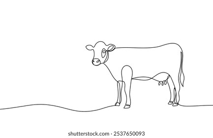 Vaca em linha contínua com banner. Bovinos domésticos. Animal. Estilo mínimo linear. Ilustração vetorial