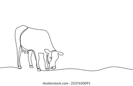 Vaca de linha contínua com bandeira com cabeça para baixo, comendo grama. Bovinos domésticos. Animal. Estilo mínimo linear. Ilustração vetorial