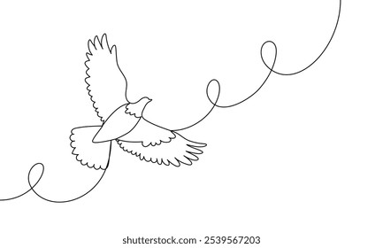 Pomba em linha contínua em voo. Pássaro. Conceito de paz. Estilo mínimo linear. Ilustração de vetor desenhada à mão