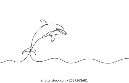 Banner continuous one line drawing dolphin. Sea animal, mammal. Hand drawn vector illustration, abstract silhouette, outline, line art