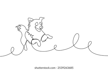 Banner continuous one line drawing dog jump. Happy pet running. Hand drawn vector illustration, abstract silhouette, outline, line art