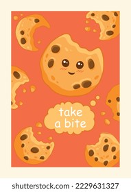 Banner with cookie. Graphic element for website, advertising and modern methods of marketing and promotion on Internet. Take bite, dessert and delicacy concept. Cartoon flat vector illustration