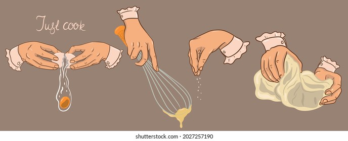Banner with cooking. Kneading dough, beating, breaking eggs, seasoning. Vector graphics.