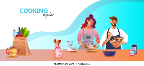 Banner Cooking Together with young family preparing food in the kitchen. Smiling female and male characters kneading dough in aprons at home. Culinary background with groceries and kitchenware