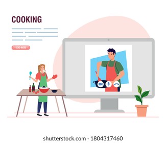 banner of cooking, woman learning to cook online vector illustration design