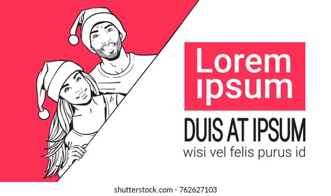 Banner With Copy Space Hand Drawn Sketch Man And Woman Wearing Santa Hats Winter Holidays Concept Vector Illustration