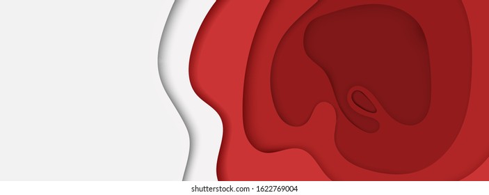 The banner with copy space and paper cut effect. Contrast background. Colors from white to red look likes a hole in paper. Simple modern design with graphic shapes.