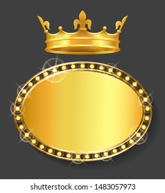 Banner with copy space vector, isolated gold crown of queen or king. Royal symbol, monarchy prince or princess. Frame with lights and glowing bulbs