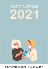 Banner with copy space for your text. Doctor or nurse wearing a protective mask gives a vaccine to a woman. Flu vaccination concept. Coronavirus vaccine. Vector flat illustration.