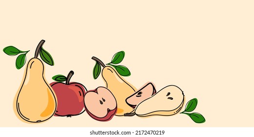 Banner copyspace fruits: apples and pears. Bio Healthy food. Flat lay with copy space for your text. Vector illustration, hand drawn or doodle.