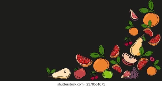 Pancarta en copyspace panorámico fondo negro con una selección de frutas frescas. Ilustración del vector