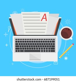 Banner copywriting. Computer with papers, coffee and pencil. Vector flat illustration