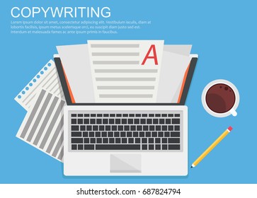 Banner copywriting. Computer with papers, coffee and pencil. Vector flat illustration