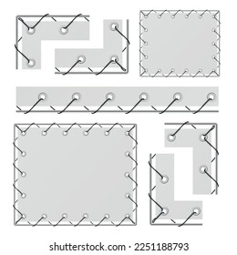 Banner cord stretched on frame border and corner with grommet set realistic vector illustration. Advertising canvas connected rope stretch fabric information message marketing placard presentation