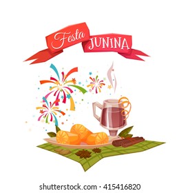 Banner with corn and quentao for Festa Junina Brazil party. Vector illustration.