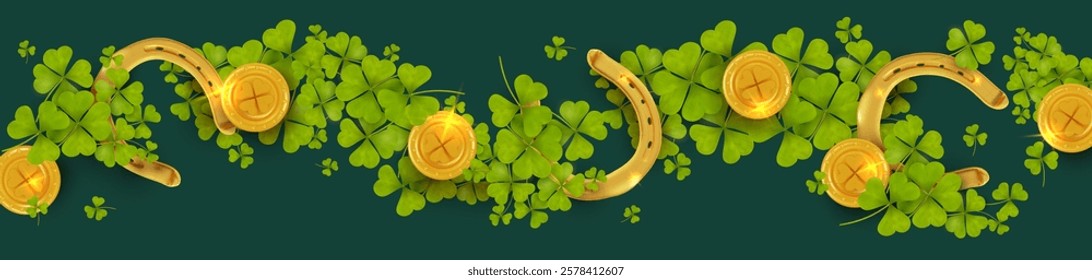 Banner corner green frame or border of scatter transparent clover leaves of horseshoes and gold coins. St. Patricks Day design vector for festive banner, greeting card, postcard, invitation, flyer.