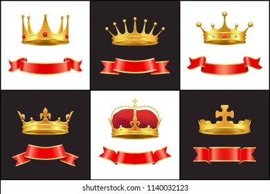 Banner and corona icons set. Vintage stripes for slogan and diadems crowns made of gold. Queens and kings royal symbols of monarchy isolated  vector