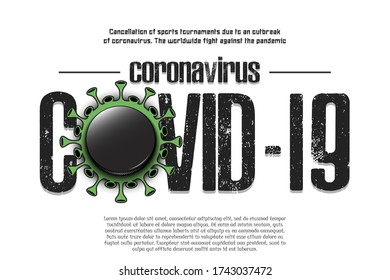 Banner Coronavirus covid-19 and virus cell sign with hockey puck. Cancellation of sports tournaments due to an outbreak of coronavirus. The worldwide fight against the pandemic. Vector illustration
