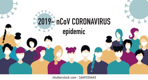 Banner Coronavirus. Novel coronavirus 2019-nCoV, people in white medical face mask, them attacks the virus. Coronovirus Protection Concept