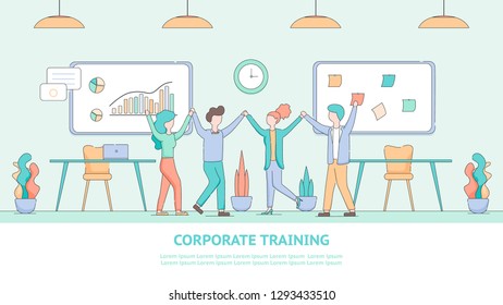 Banner Corporate Training for Employee Development. Illustration Group People Listened Educational Seminar. Happy Man and Woman Hold Hands. Interior Modern Office. Financial Growth Chart Flipchart