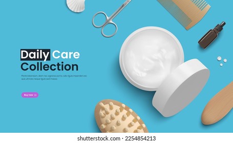 Banner is a cosmetic collection of bathing and beauty accessories on a blue background. Photorealistic vector illustration template design layout