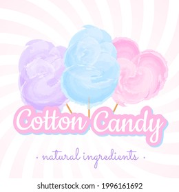 Banner with cotton candy set on pink background. Cotton candy heart. Natural ingredients.