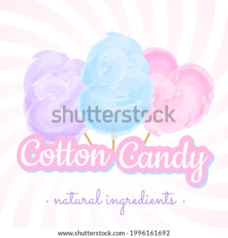 Banner with cotton candy set on pink background. Cotton candy heart. Natural ingredients.