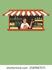 Banner with a counter of plants for planting. Fair of seedlings of vegetables, flowers and greens. A woman gives seeds for planting.  Flat vector illustration.
