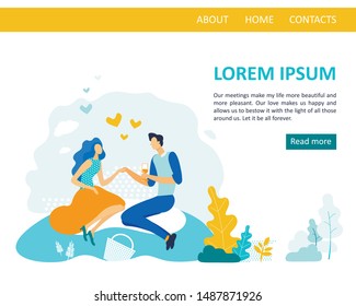 Banner Couple in Love Develops Relationship Flat. Relationship between Guy and Girl goes Smoothly. Man and Woman are Sitting on Grass in Park and Holding Hands. Vector Illustration.