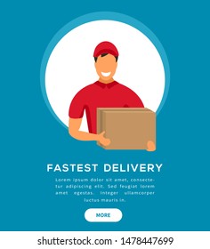 Banner with courier delivery young man character in red uniform holding a box isolated on a white background. Vector illustration

