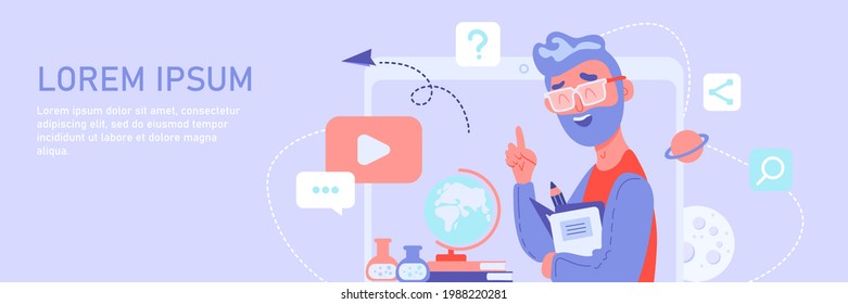 Banner. Courses for adults. A guy with a beard and glasses. Online classes. Video courses. Homeschooling. Study. Education. Vector stock illustration. Distance learning online. Interactive. Character