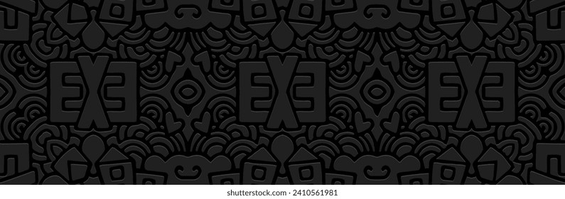 Banner, cover art design. Embossed ethnic tribal geometric 3D pattern on black background. Ornamental decorative art of the East, Asia, India, Mexico, Aztec, Peru.
