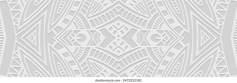 Banner, cover art design. Relief geometric ethnic 3D pattern on a white background. Ornaments, arabesques, handmade. Boho motifs, traditions of the East, Asia, India, Mexico, Aztec, Peru.