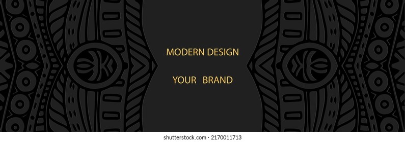 Banner, cover design. Embossed 3D doodling pattern on a black background, space for text. Ethnic style, tribal ornaments, textures of East, Asia, India, Mexico, Aztec, Peru brochure, booklet, flyer.
