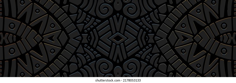 Banner, cover design. Embossed ethnic unique 3D pattern on a black background. Tribal fantasy ornaments of East, Asia, India, Mexico, Aztecs, Peru for websites, presentations.