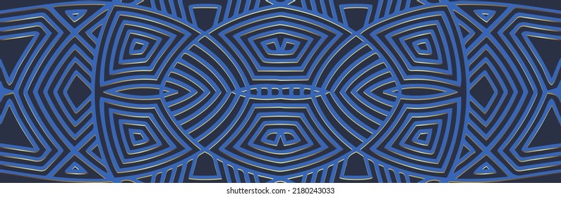 Banner, cover design. Embossed ethnic vintage 3D pattern on a blue background with gold, art deco style. Tribal artistic geometric ornaments for websites, presentations.
