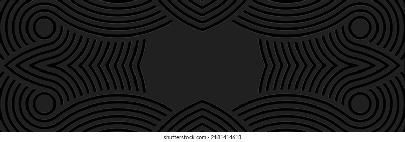 Banner, cover design. Embossed ethnic 3D pattern of stripes and lines on a black background, actual art deco style. Tribal geometric ornaments for websites, presentations.