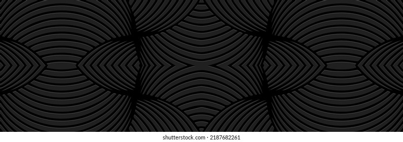 Banner, cover design. Embossed ethnic vintage 3d pattern of stripes and lines on a black background, art deco style. Tribal geometric ideas for websites, presentations.