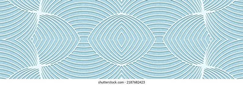 Banner, cover design. Embossed ethnic elegant 3D pattern of stripes and lines on a light blue background, art deco style. Tribal geometric ideas for websites, presentations. 
