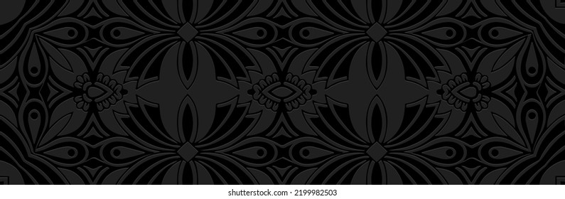 Banner, cover design. Embossed ethnic abstract 3d pattern on a black background, boho style, paper press. Tribal ornamental themes of the East, Asia, India, Mexico, Aztecs, Peru.