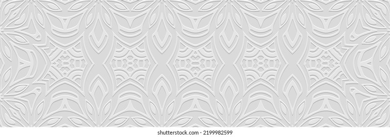 Banner, cover design. Embossed ethnic decorative 3d pattern on a white background, boho style, paper press. Tribal ornamental themes of the East, Asia, India, Mexico, Aztecs, Peru.