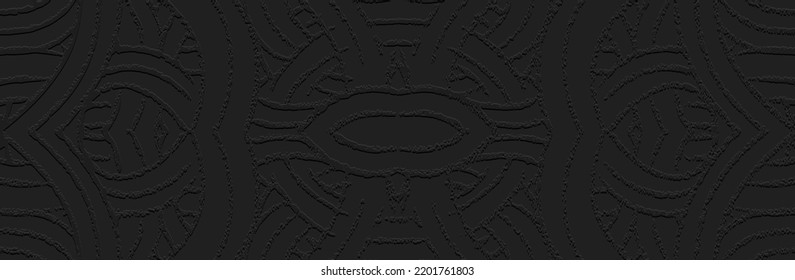 Cartel, diseño de portada. Patrón 3d exótico de color negro, estilo boho, prensa de papel. Variantes ornamentales tribales de Oriente, Asia, India, México, Aztecas, Perú.